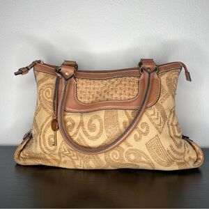 Vintage FOSSIL Satchel Shoulder Tote Bag Leather & Tapestry Carpet Purse w/ Key